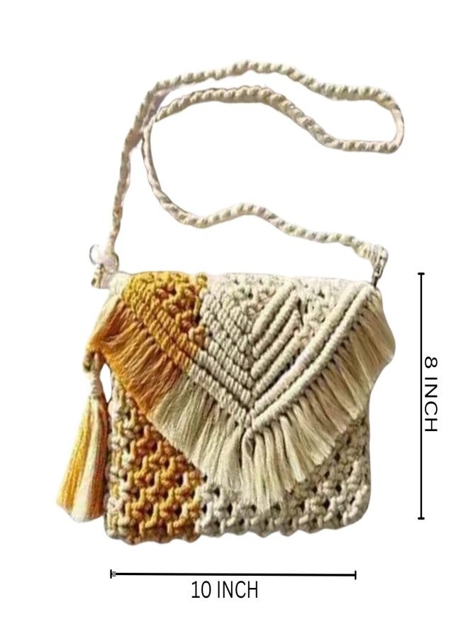 tms Handmade Macrame Sling Bag - Mustard & Off-White Boho Chic Bag, 10x8 Inches, Fringe Shoulder Bag with Detachable Strap and Zipper Closure -1 pcs - Image 4